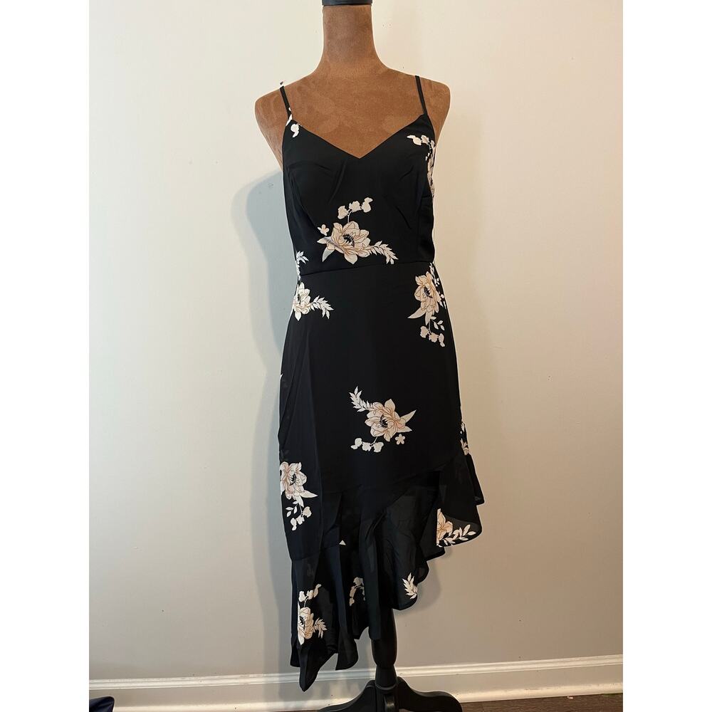 Lulus asymmetrical black floral low back chiffon midi dress size small